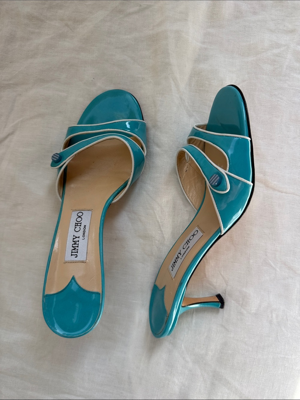 Jimmy Choo Turquoise Patent Leather Open-Toe Mules